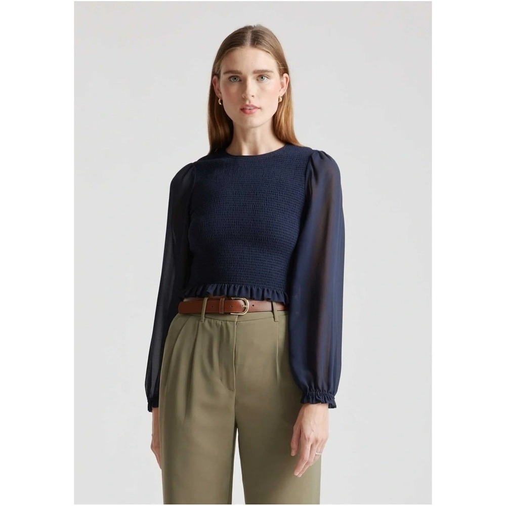 Women's Quince Small NWT Navy Chiffon Smocked Sheer Long Sleeve Blouse